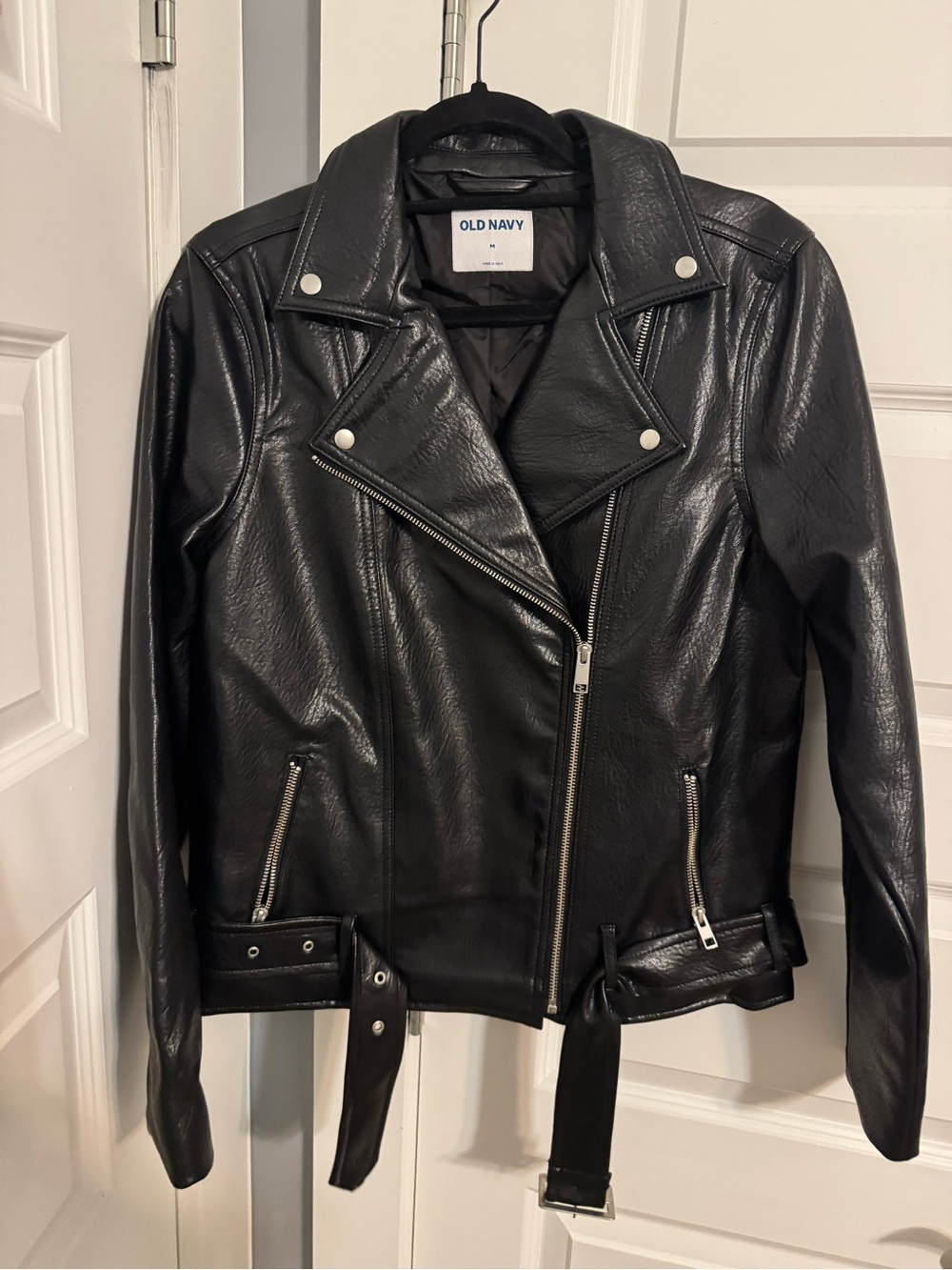 Old Navy Black Faux Leather Moto Biker Jacket Belted Size M